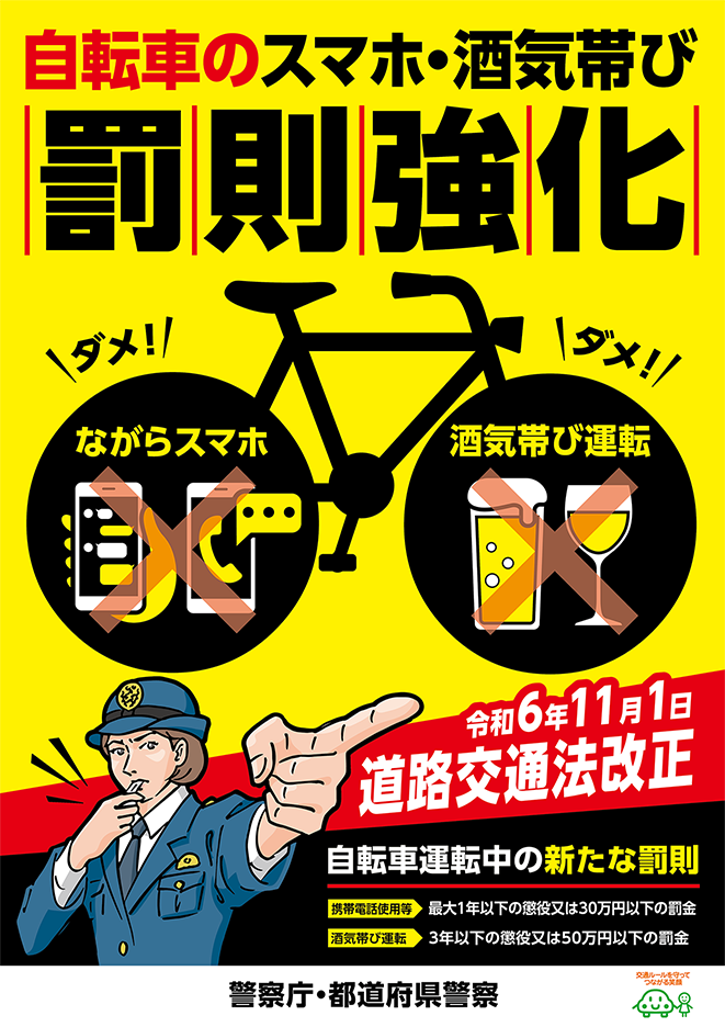 令和6年改正道路交通法 (自転車運転中の新たな罰則) ポスター