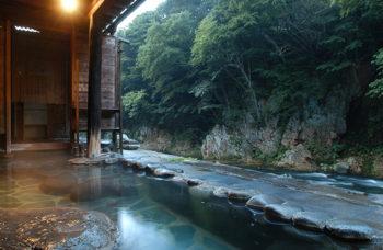 割烹旅館 湯の花荘の緑色の山肌を望む野天風呂の写真