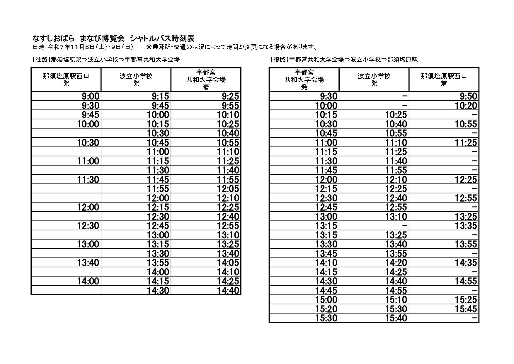 R7なしお博シャトルバス時刻表