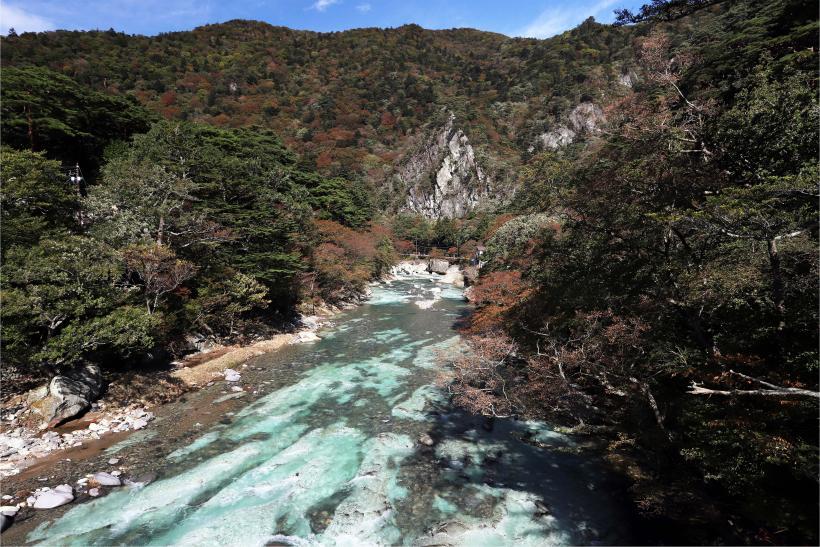 塩原の渓谷の箒川の緑色凝灰岩の写真