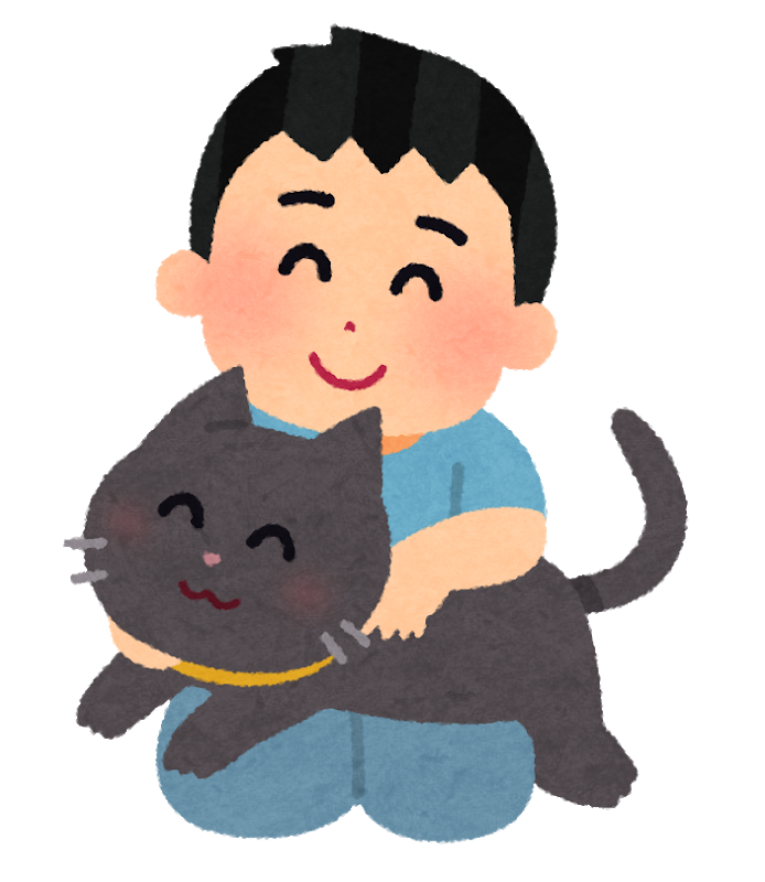 猫を膝の上に乗せている笑顔の男性のイラスト