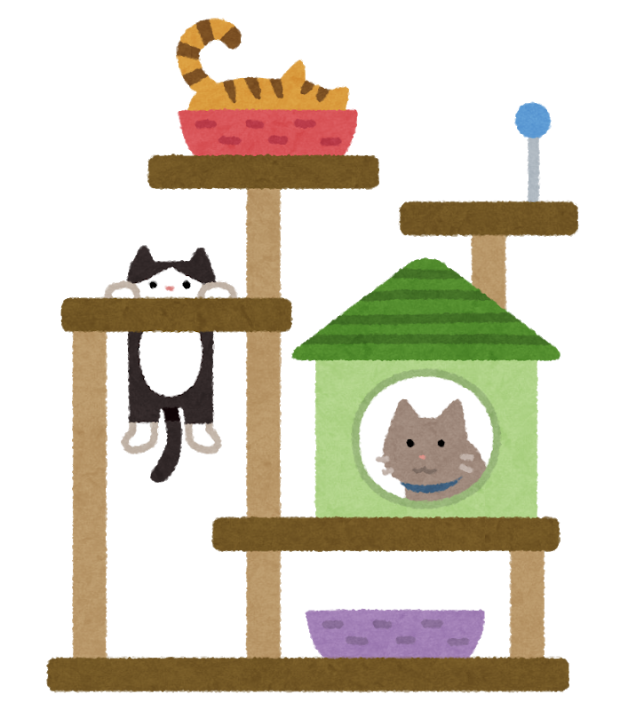 キャットタワーにぶらさがっていたり、小屋に入っていたり、バスケットの中で寝ている三匹の猫のイラスト