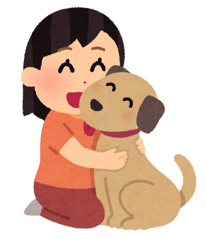 犬を抱いている笑顔の女性のイラスト
