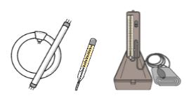 丸型と棒状の蛍光灯、水銀体温計、水銀式血圧計のイラスト