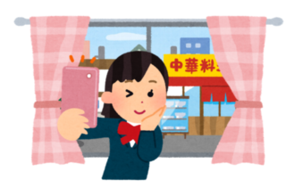 背景に「中華料理」と書かれた看板が写る状態で自撮りをしている女子高生のイラスト