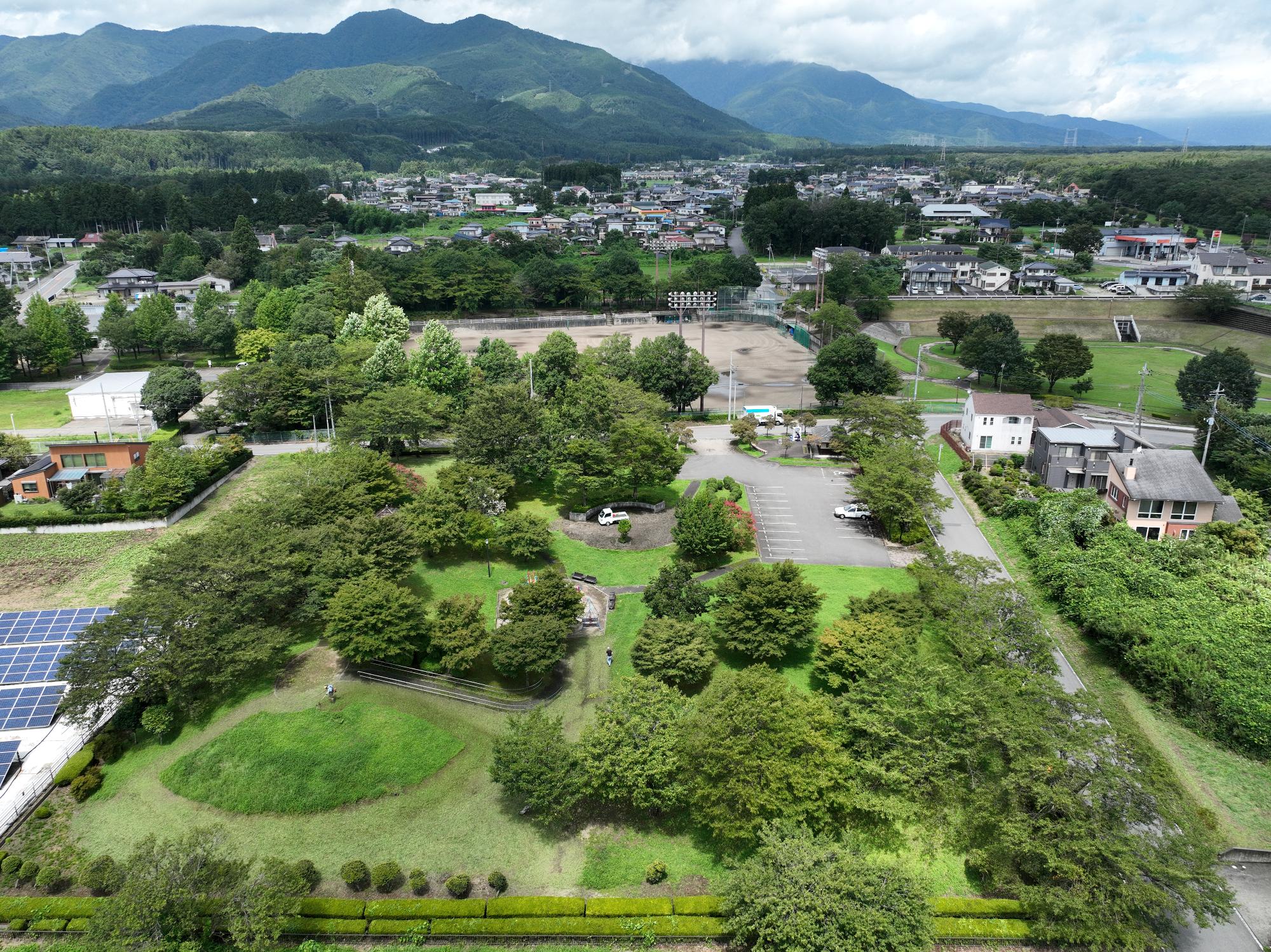 緑地がある公園と野球場を上空から撮影した写真