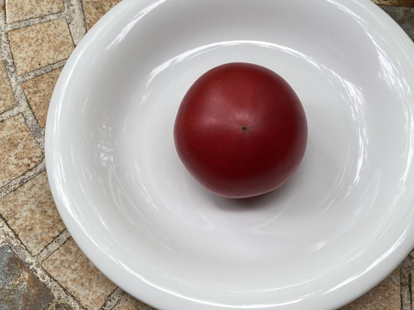 白い皿の上に置かれている真っ赤なトマトの写真