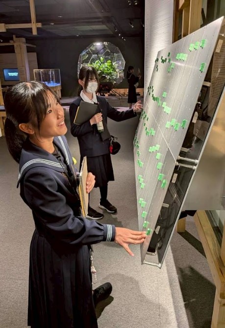 生徒2人が、緑色のスイッチがたくさん並んだ大きな体験型展示パネルに触れている様子。