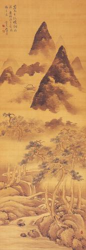 山や木が描かれている「絹本淡彩 夏暁山水図」の絵