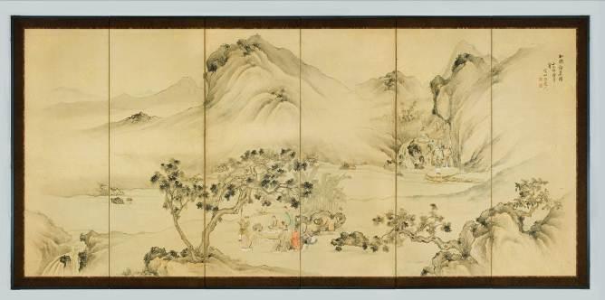 山や木が描かれている「西園雅集図屏風 右隻」の写真