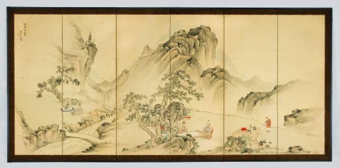 山や木や人が描かれている「西園雅集図屏風 左隻」の写真