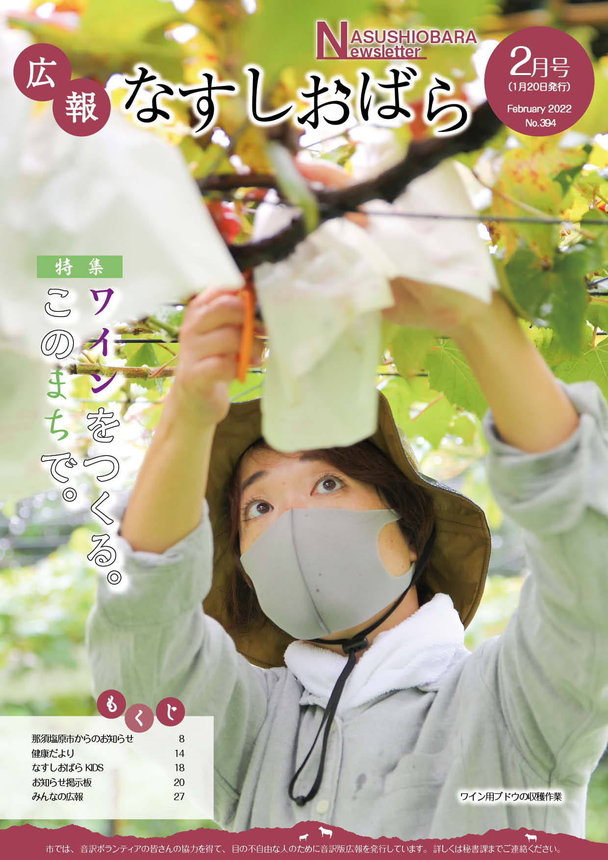 広報なすしおばら2月号表紙「ワイン用ぶどうの収穫作業」