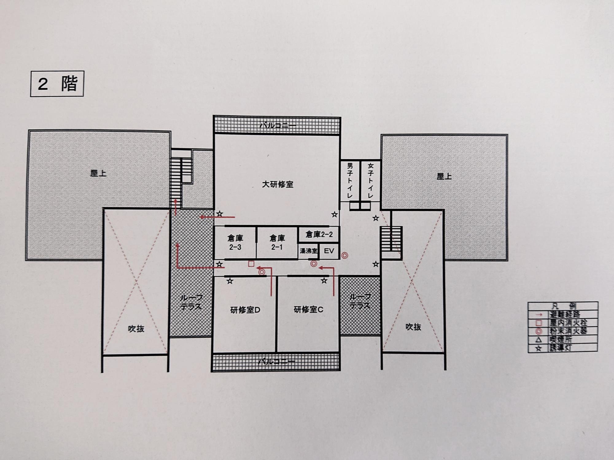 図書談話室から出火した場合の避難経路（2階）