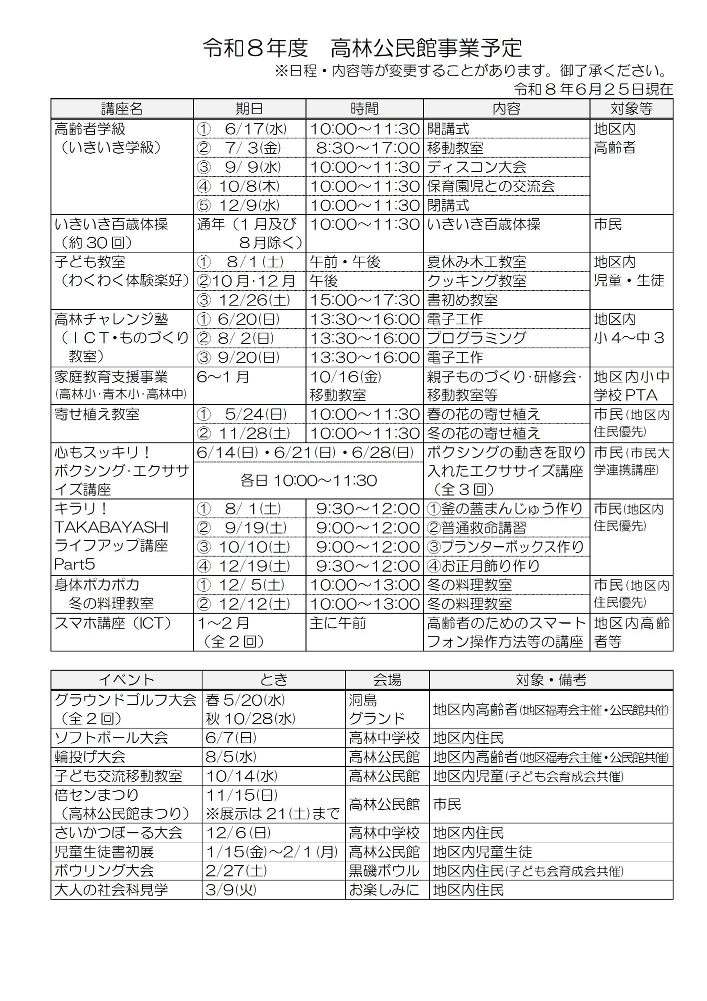 令和8年度高林公民館事業予定