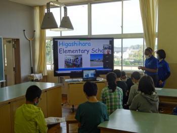 市立東原小学校の特別教室でおこなわれたオンライン交流会において、マルツィンケ選手に自分たちの学校を紹介する児童たちの写真。電子黒板には学校の様子が映し出されている。