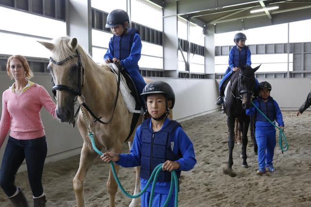 屋内馬場における乗馬体験の実施風景の写真。騎手付添のもと、騎乗する側と馬を牽く側の二人組になって体験に臨んでいる様子がうかがえる